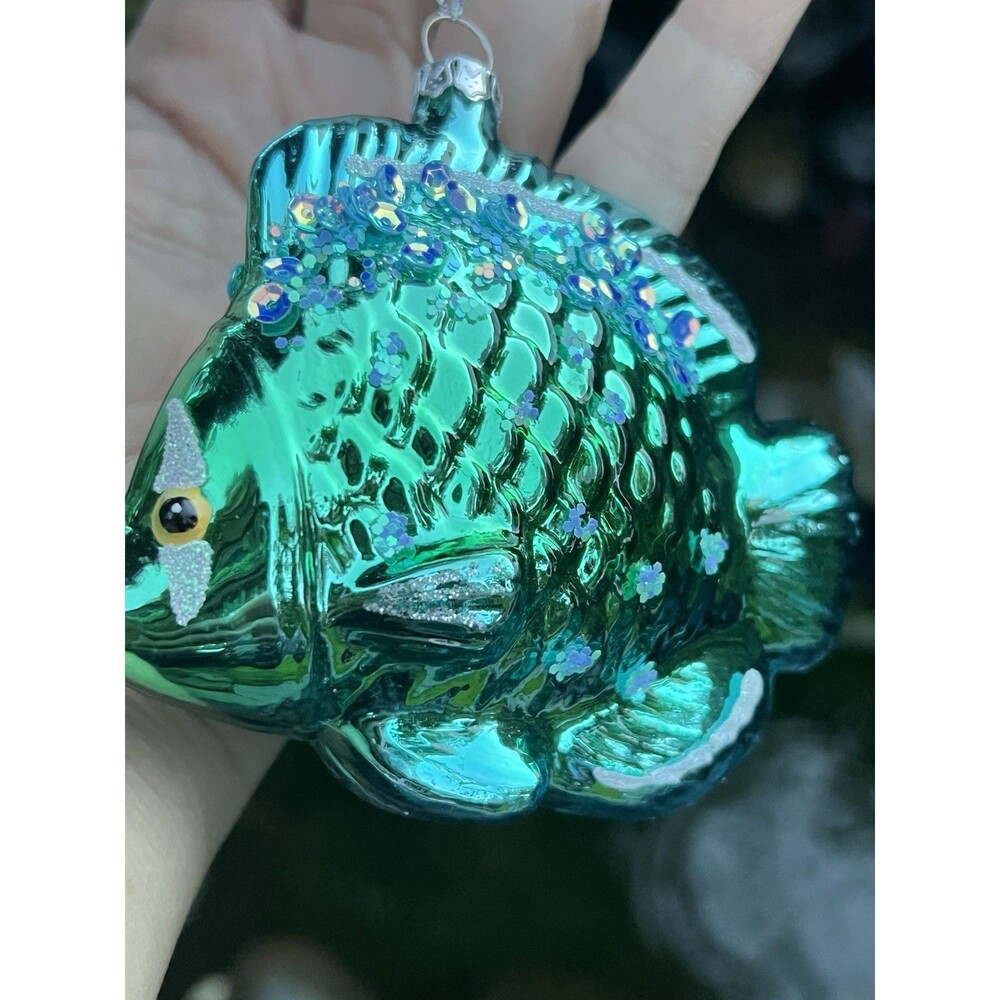 Jeweled Glass Tropical Fish Christmas Ornament Turquoise Sequin Coastal Ocean